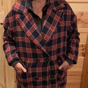 Long lightweight Red and Navy  Plaid Double Brest button up Fall coat